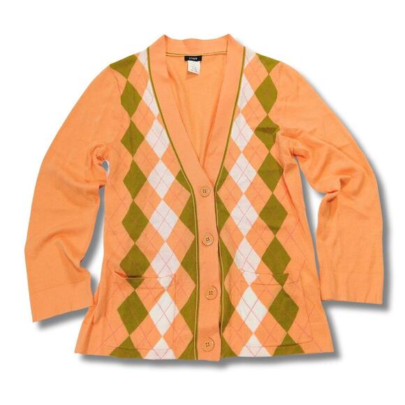 Vintage Y2K J Crew Argyle Cardigan Sweater Size S Cantaloupe Pink Green Preppy - Picture 1 of 7
